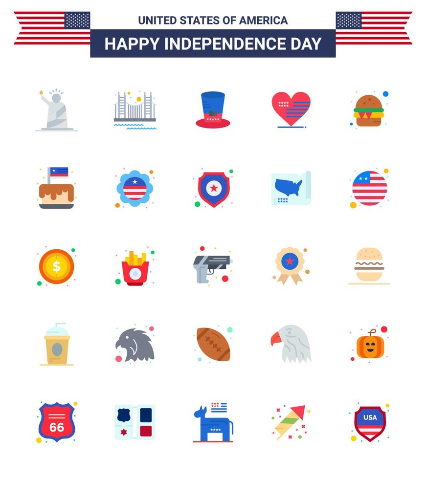 feliz dia da independência 25 pacotes de ícones de apartamentos para web e impressão de coração americano marco eua chapéu editável dia dos eua vetor elementos de design
