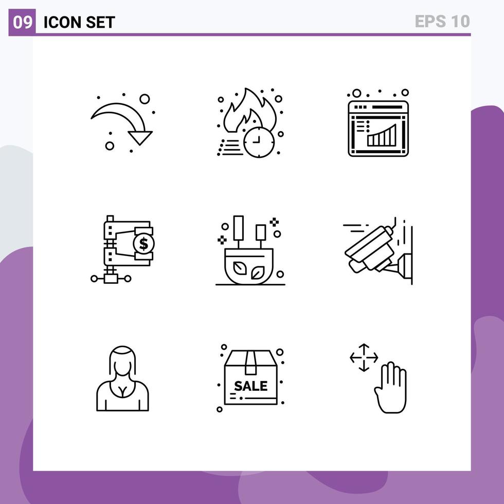 conjunto de pictogramas de 9 contornos simples de elementos de design de vetor editável de gerenciamento de finanças de venda de reforma