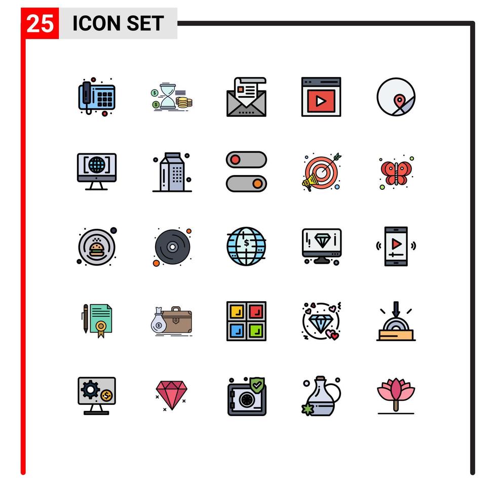 grupo de 25 cores planas de linhas preenchidas modernas definidas para elementos de design de vetores editáveis de endereço de interface de vídeo