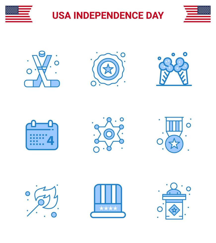 conjunto moderno de 9 azuis e símbolos no dia da independência dos eua, como polícia americana, calendário de datas de sorvete editável, elementos de design vetorial do dia dos eua vetor