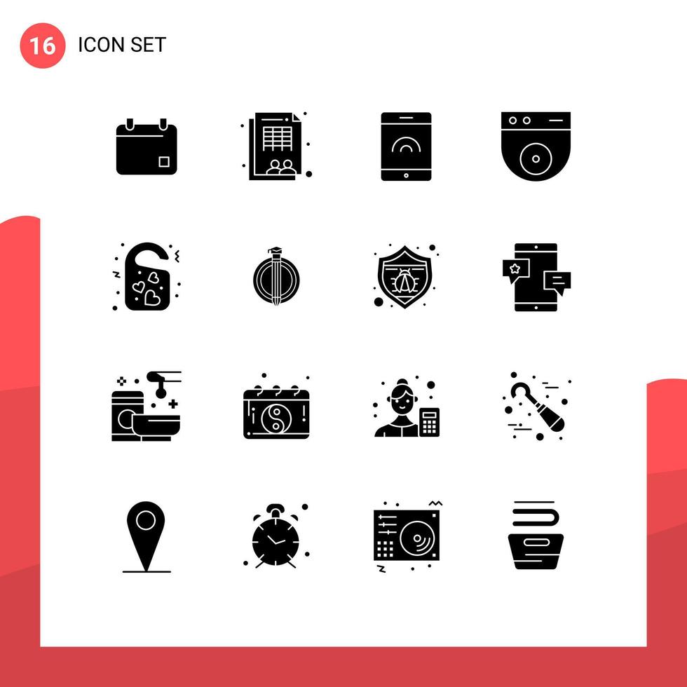 16 interface de usuário pacote de glifos sólidos de sinais e símbolos modernos de etiqueta de porta coração móvel amor segurança elementos de design de vetores editáveis