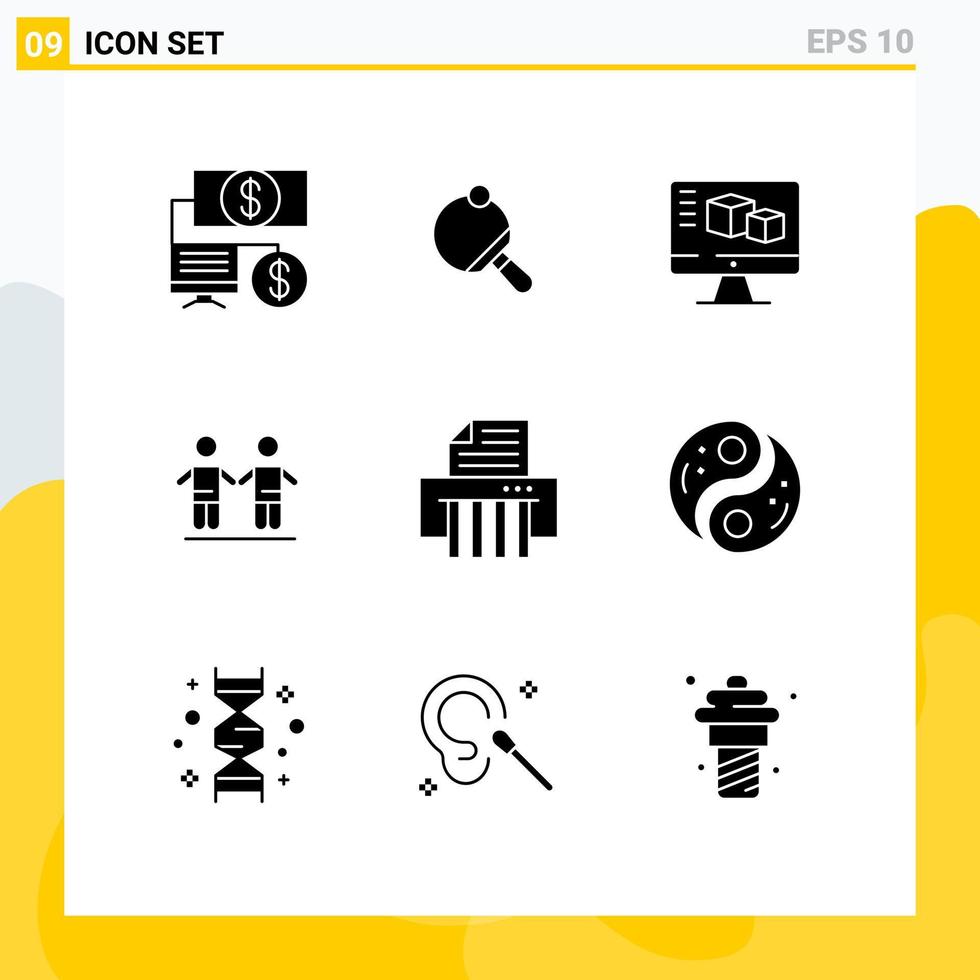 conjunto de pictogramas de 9 glifos sólidos simples de grupo de monitores de dispositivo triturador, amigos, elementos de design vetorial editáveis vetor