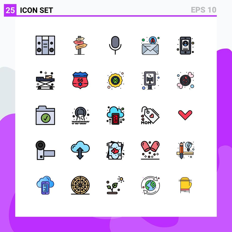 25 interface do usuário linha cheia pacote de cores planas de sinais e símbolos modernos de spam de microfone de vírus móvel encaminhar elementos de design de vetores editáveis