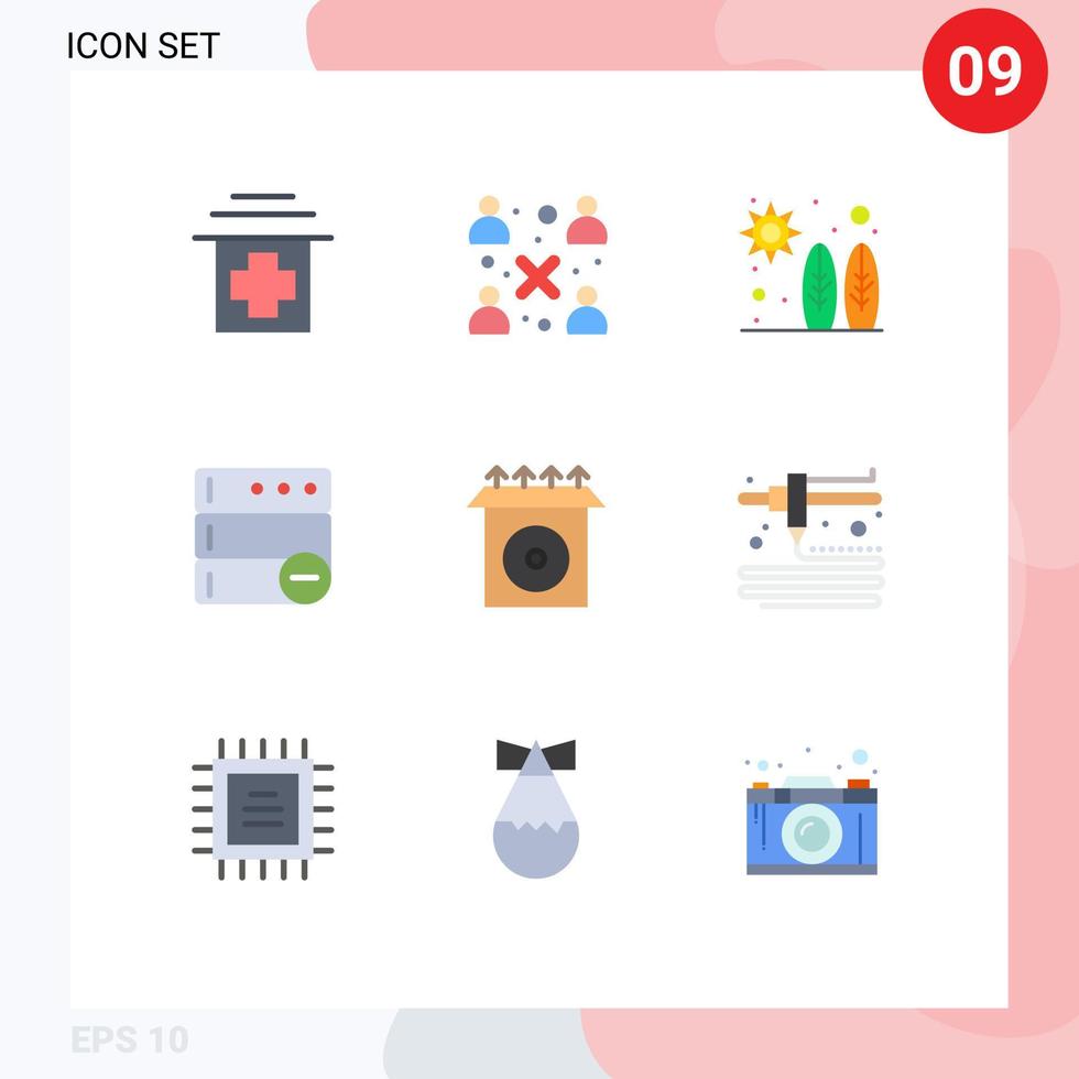 conjunto de pictogramas de 9 cores planas simples de modelagem instalar adrenalina cd excluir elementos de design de vetores editáveis