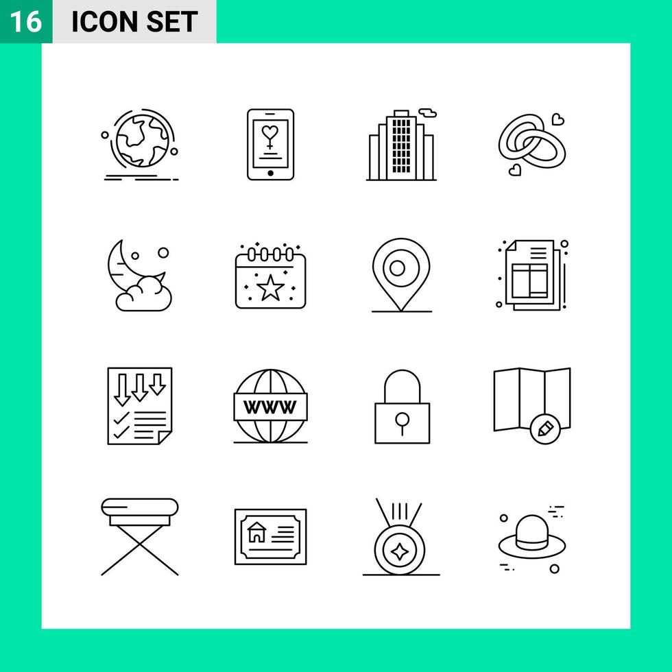 pacote de 16 símbolos de contorno de conjunto de ícones de estilo de linha para impressão de sinais criativos isolados em fundo branco conjunto de 16 ícones vetor