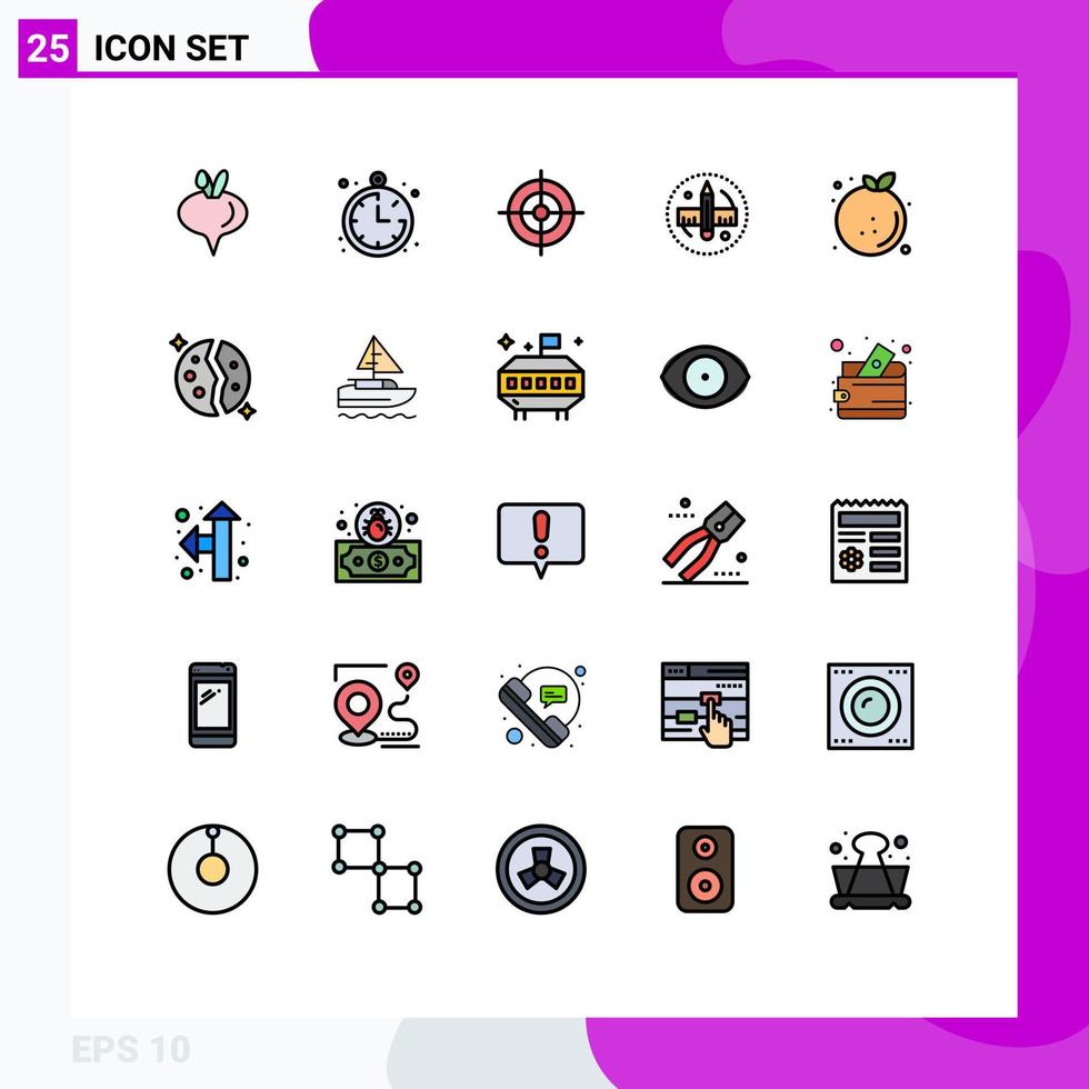 25 interface do usuário linha cheia pacote de cores planas de sinais modernos e símbolos de ferramenta de dieta de alvo de comida laranja elementos de design de vetores editáveis
