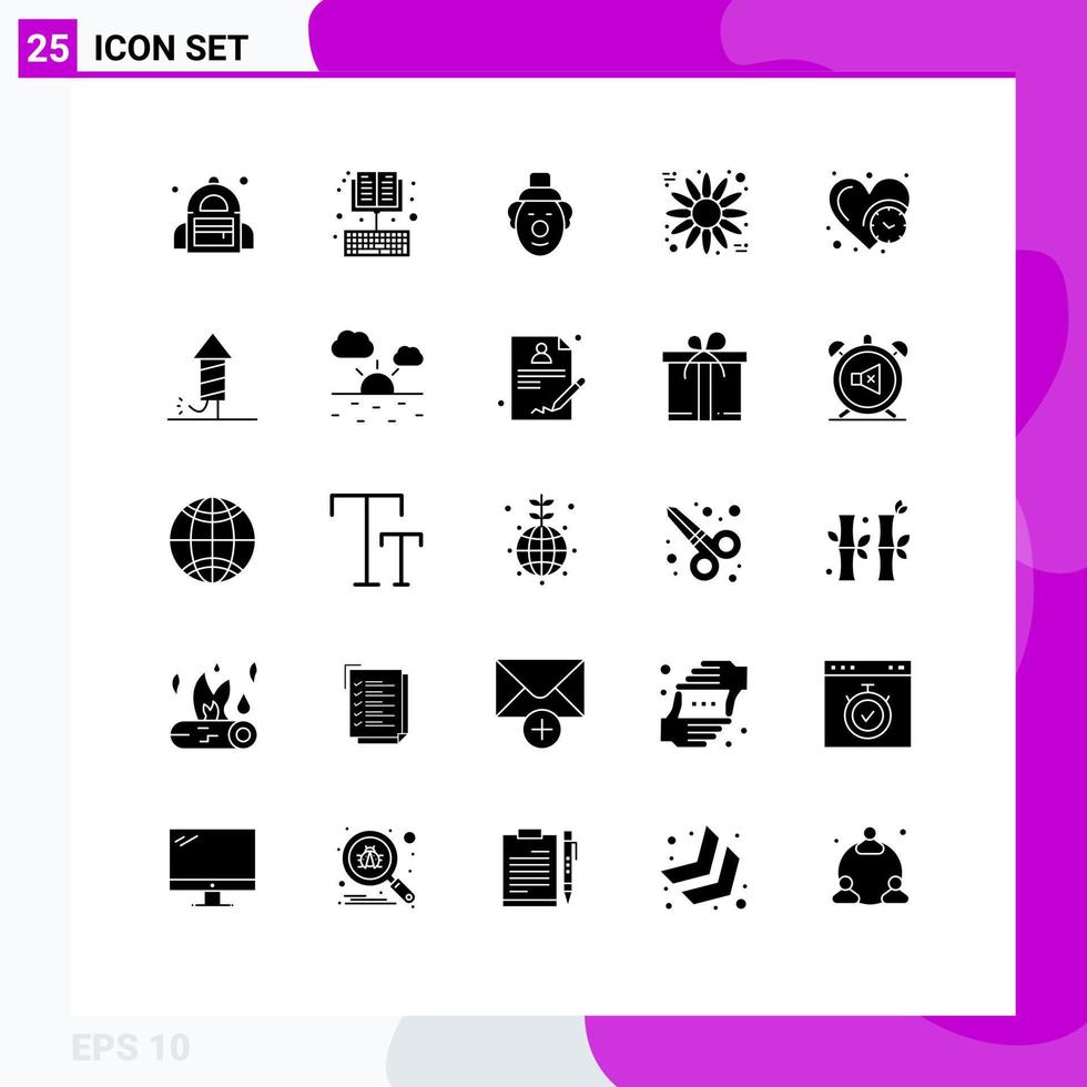 25 interface do usuário pacote de glifos sólidos de sinais e símbolos modernos do tempo coração coringa relógio girassol editável elementos de design vetorial vetor