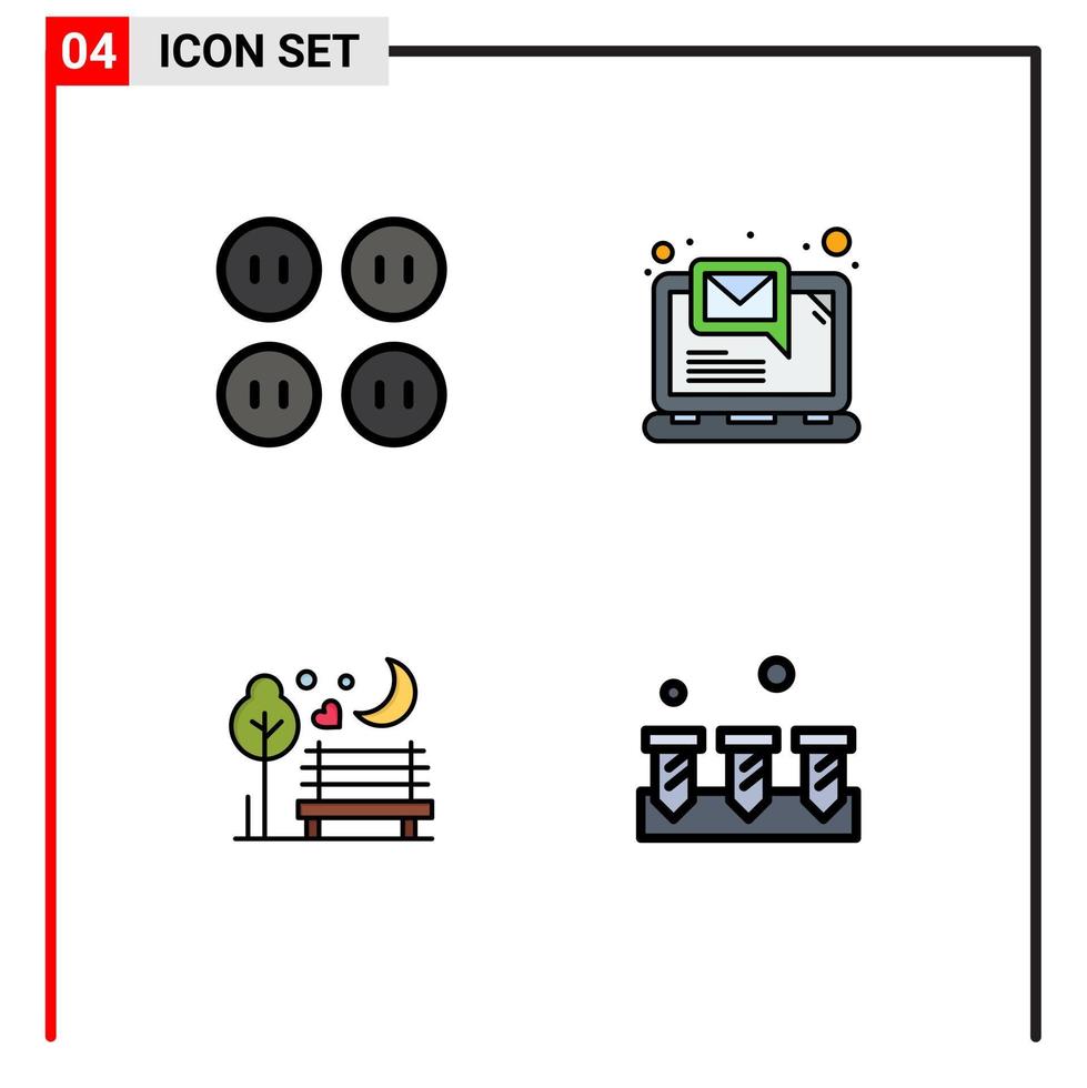 conjunto de cores planas de linha preenchida de interface móvel de 4 pictogramas de botões romance parque de notificação de computador elementos de design de vetores editáveis