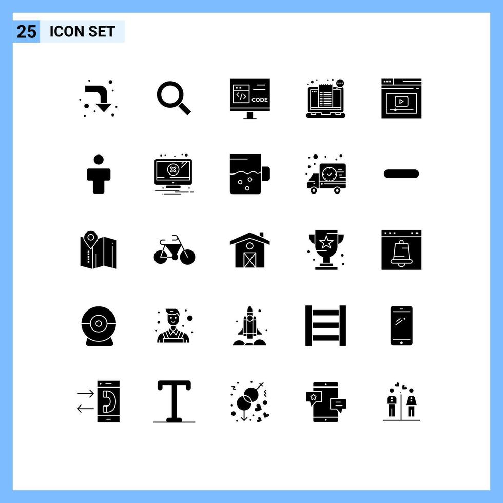 conjunto moderno de 25 glifos e símbolos sólidos, como elementos de design de vetores editáveis de recibo de código de compras na Internet
