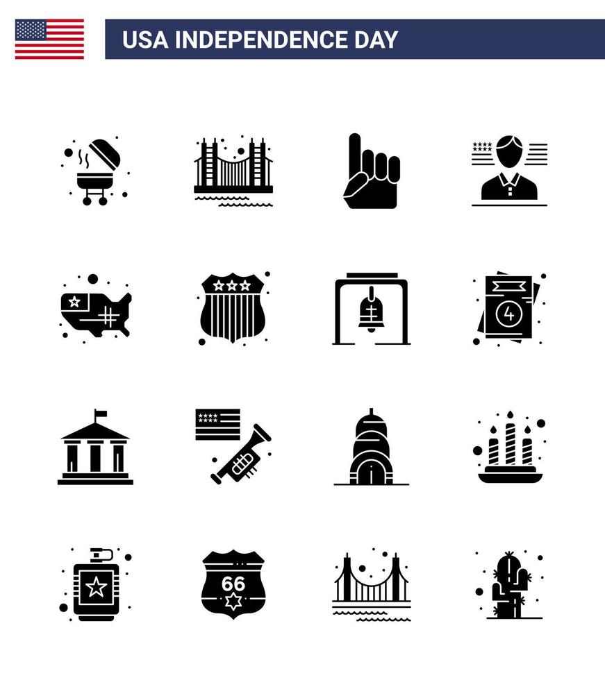 16 pacote de glifos sólidos eua de sinais do dia da independência e símbolos dos estados bandeira eua americana americana editável elementos de design vetorial do dia dos eua vetor