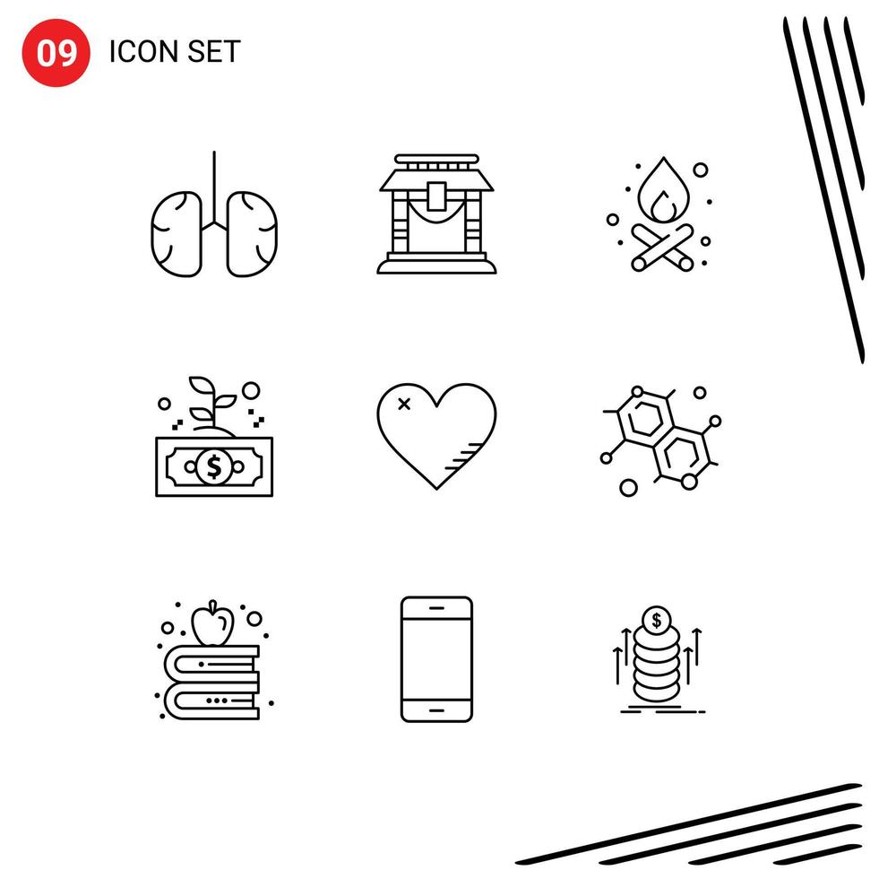 conjunto moderno de 9 contornos e símbolos, como folha de coração chinês, investe elementos de design de vetores editáveis de negócios