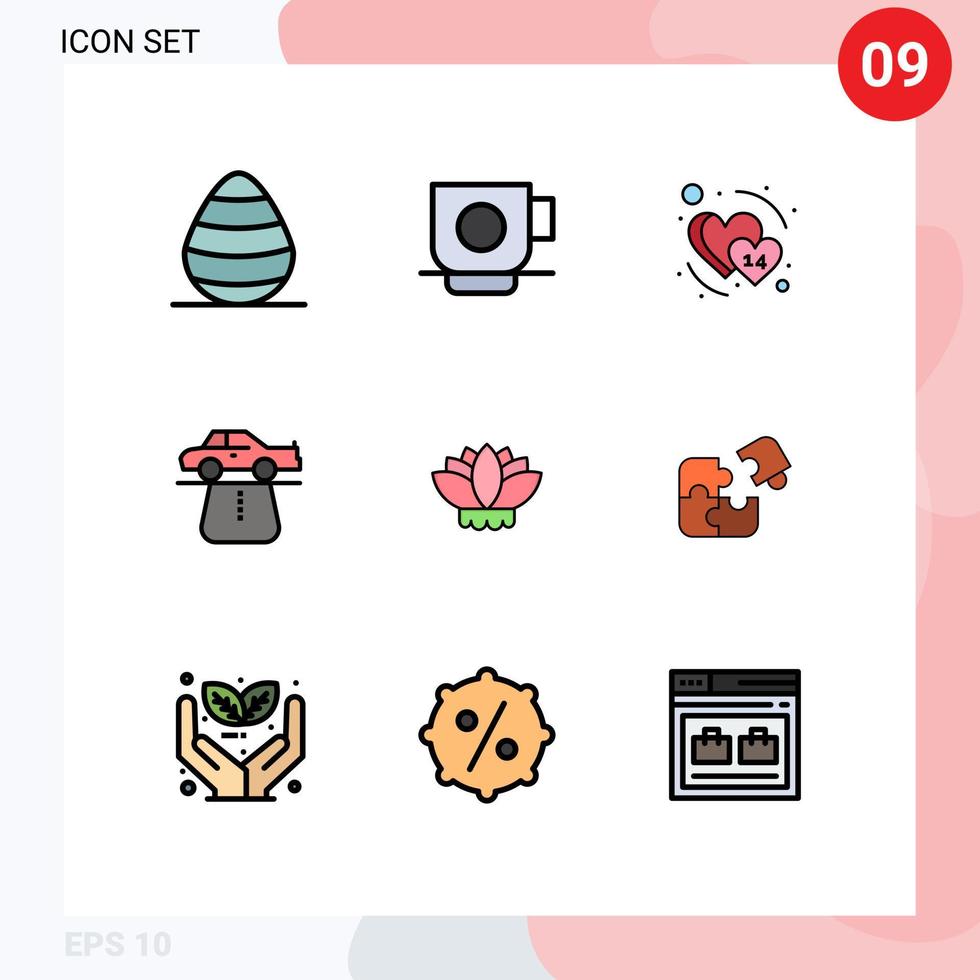 pacote de cores planas de linha preenchida de 9 símbolos universais de vantagem de carro de coração de tapete de flores elementos de design de vetores editáveis