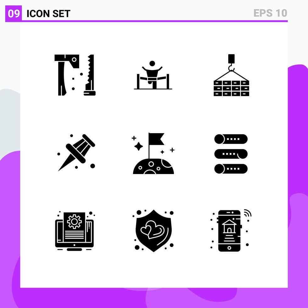 9 conceito de glifo sólido para sites móveis e aplicativos, marcador escolar, liderança, guindaste, carga, elementos de design vetorial editáveis vetor
