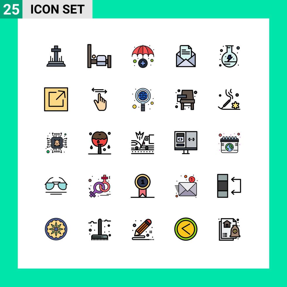 conjunto de cores planas de linha cheia de interface móvel de 25 pictogramas de elementos de design de vetores editáveis de serviço de seguro de energia de balão