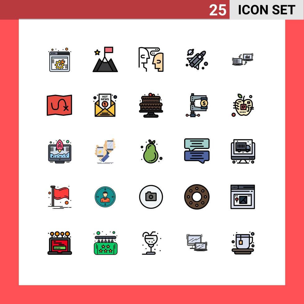 conjunto de pictogramas de 25 cores planas de linha preenchida simples de concorrentes trocam ciência do cérebro voam elementos de design de vetores editáveis