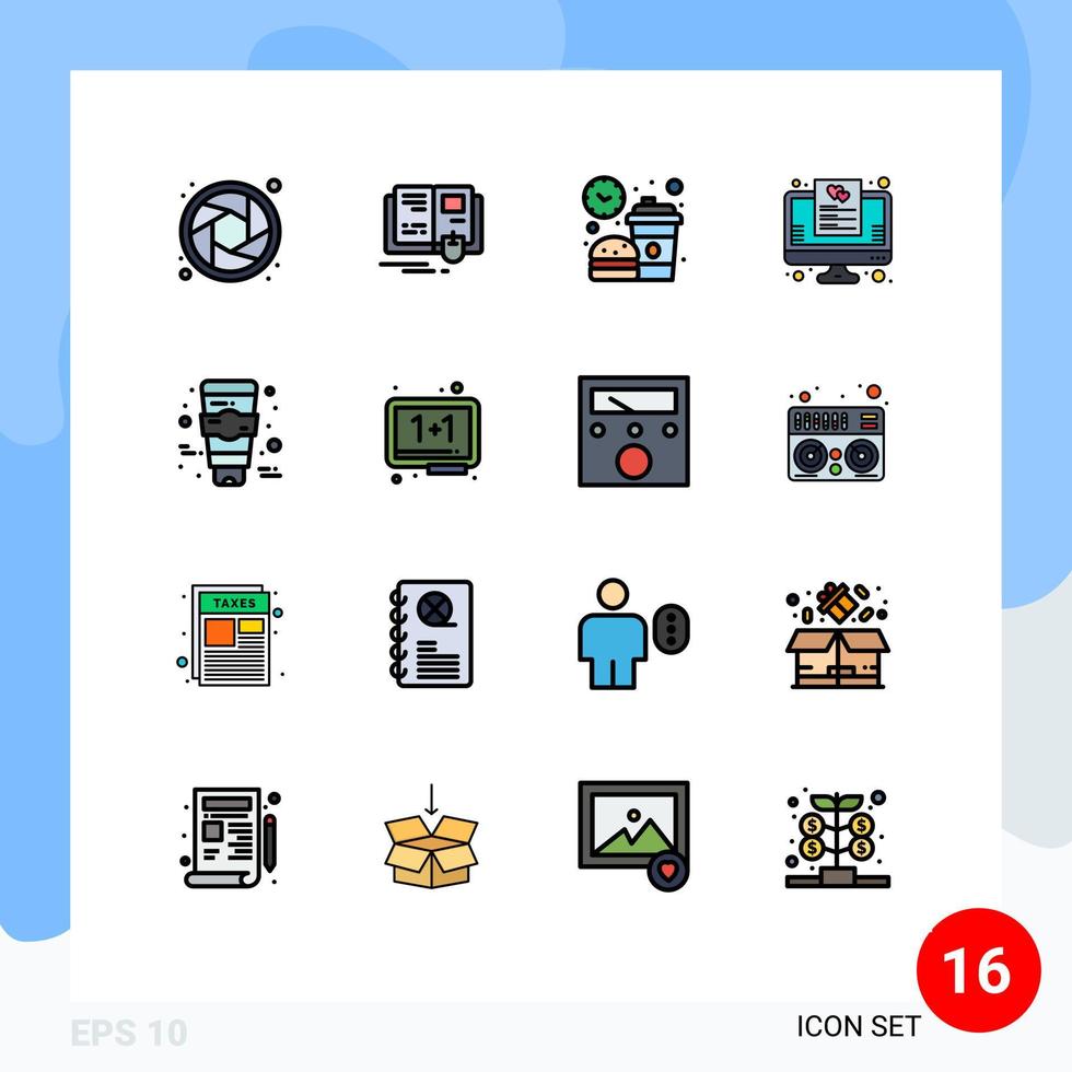 grupo de símbolos de ícone universal de 16 linhas preenchidas de cores planas modernas de lista de café on-line de rosto lista de desejos editáveis elementos de design de vetor criativo