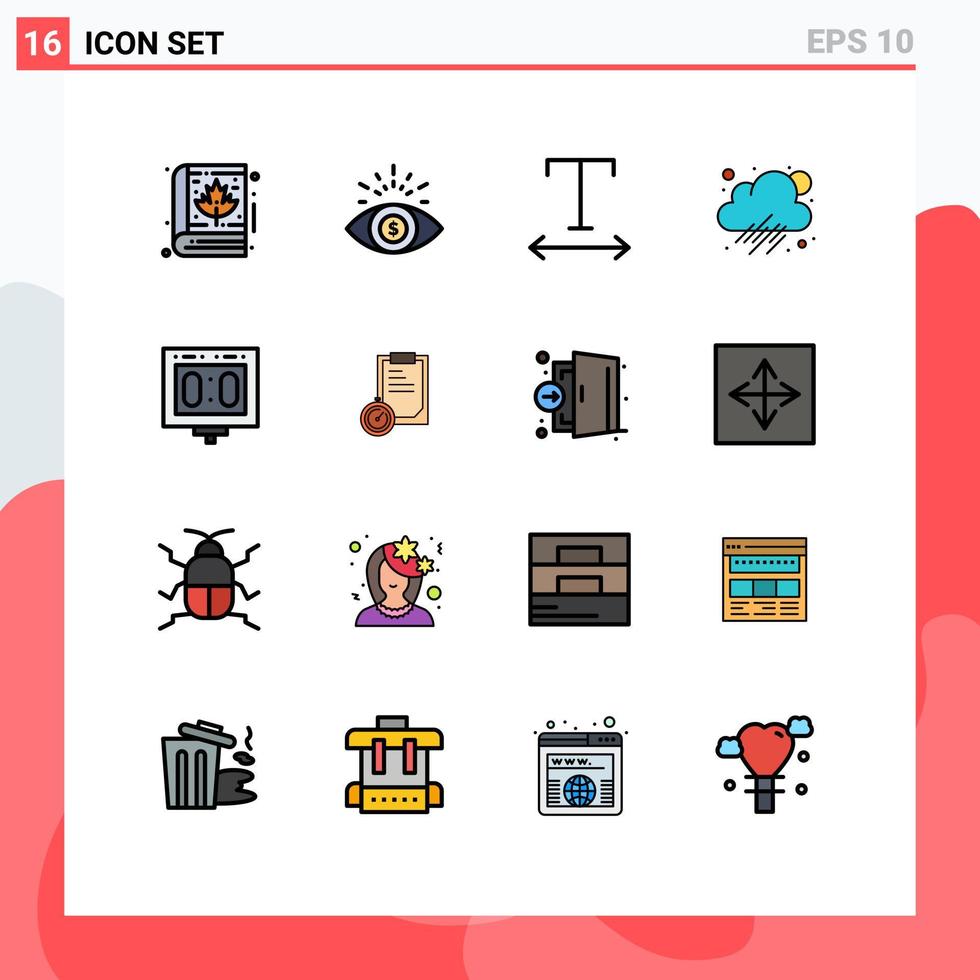 pacote de 16 sinais e símbolos modernos de linhas cheias de cores planas para mídia impressa na web, como prazo final, rastreamento de esportes, competição de pontuação, elementos de design de vetores criativos editáveis