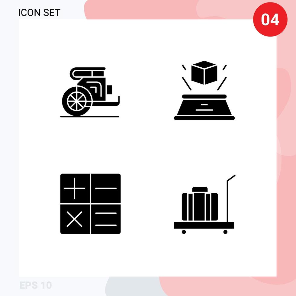 grupo de símbolos de ícone universal de 4 glifos sólidos modernos de calculadora de carruagem príncipe holograma bagagem elementos de design de vetores editáveis