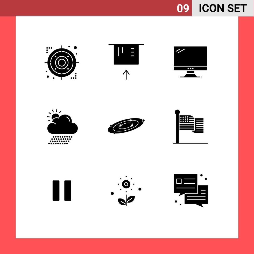 9 conceito de glifo sólido para sites móveis e aplicativos, astronomia, monitor solar, tempo, nuvem, elementos de design vetorial editáveis vetor