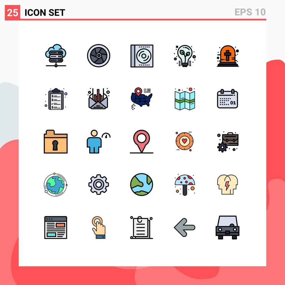 grupo de símbolos de ícone universal de 25 cores planas de linha preenchida moderna de dicas cruzadas de halloween cd lâmpada lâmpada elementos de design de vetores editáveis