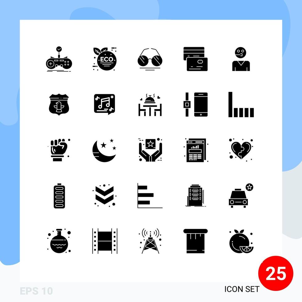 pacote de 25 glifos sólidos criativos de óculos de avatar de serviço, cartões de dinheiro, elementos de design vetorial editáveis vetor