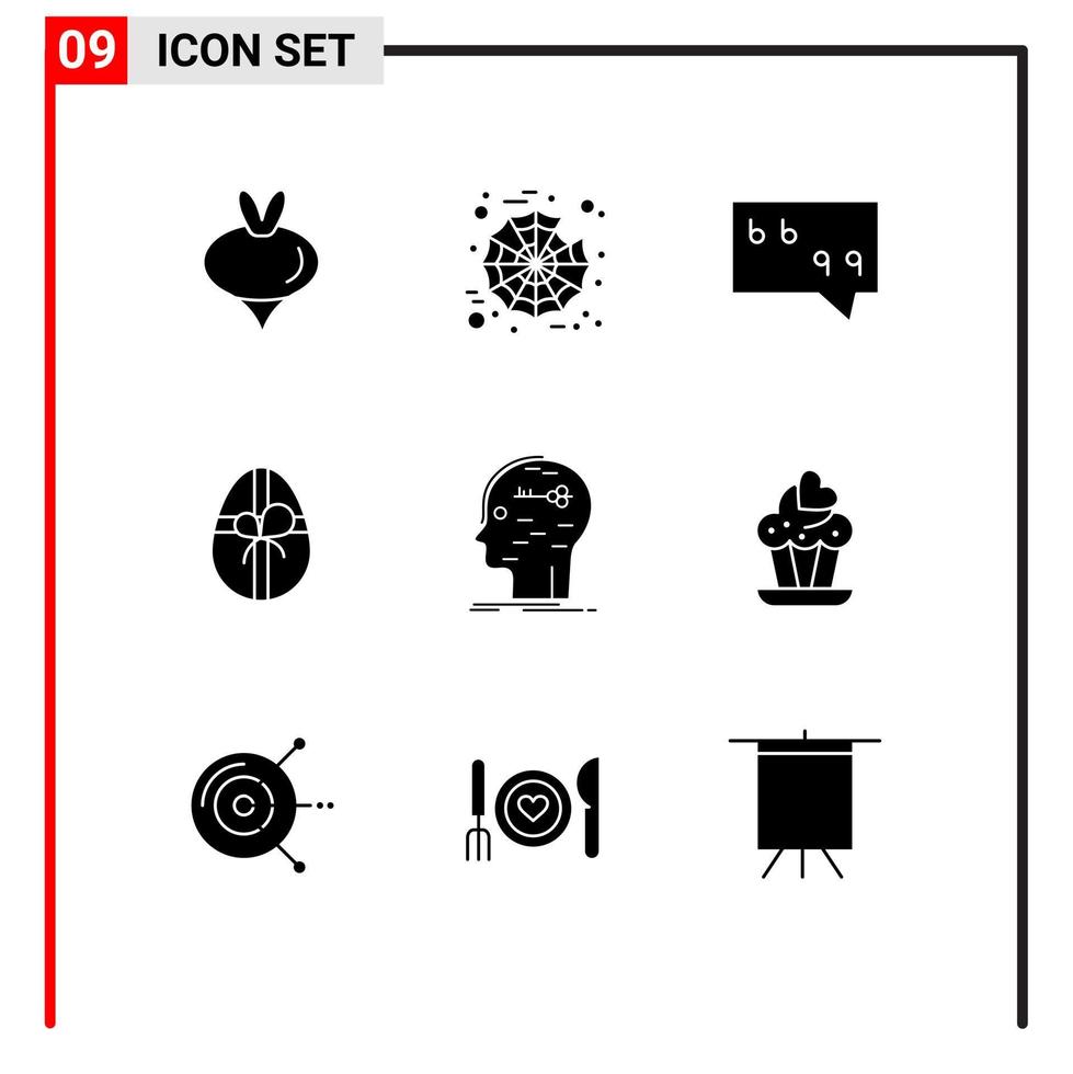 conjunto de pictogramas de 9 glifos sólidos simples da mensagem de hacking da mente hackear elementos de design de vetores editáveis de páscoa