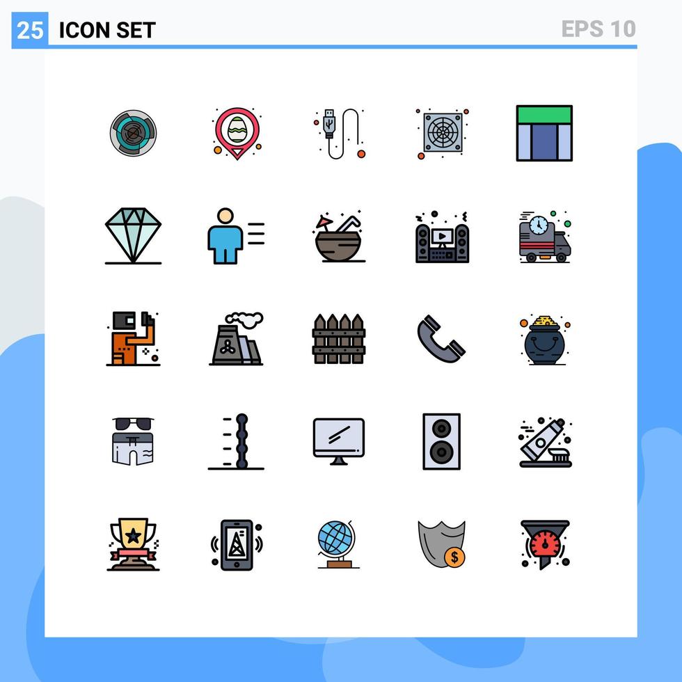 25 interface do usuário pacote de cores planas de linha cheia de sinais e símbolos modernos de elementos de design de vetor editáveis de dados de fio de ovo de computador de ventilador