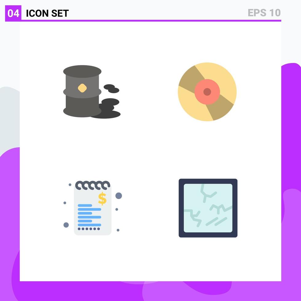 pacote de linha vetorial editável de 4 ícones planos simples de lista de barris, disco de poluição, compras de elementos de design vetorial editáveis vetor