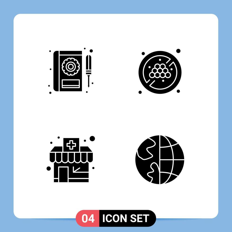 4 ícones criativos sinais e símbolos modernos de reparação de drogarias de livros frutas sem comunicação de uvas elementos de design de vetores editáveis