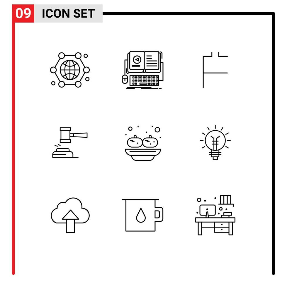 conjunto de pictogramas de 9 contornos simples de elementos de design de vetores editáveis de ação móvel de leilões de martelo