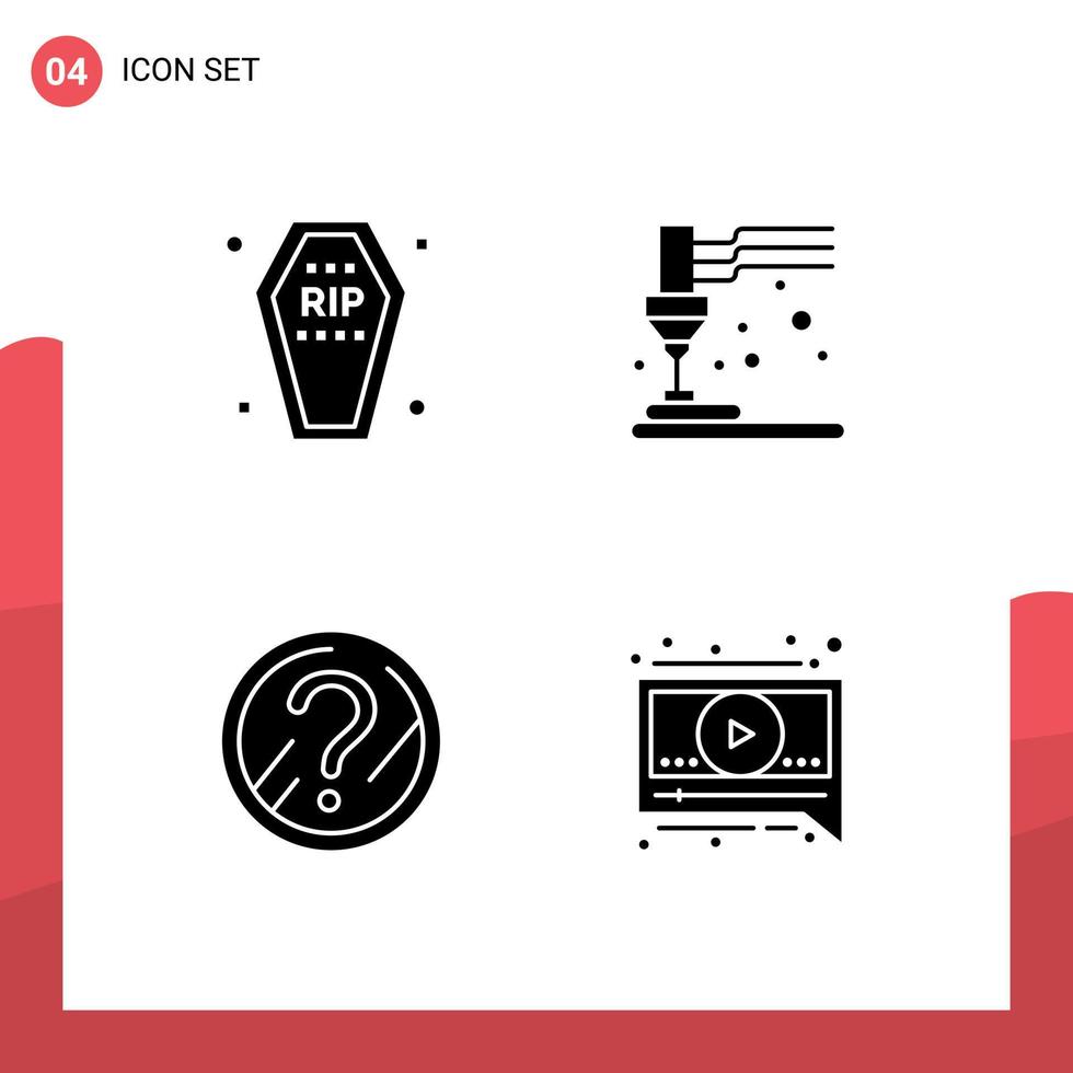 4 glifos sólidos universais definidos para aplicações web e móveis questão de caixão equipamento funerário problema elementos de design de vetores editáveis
