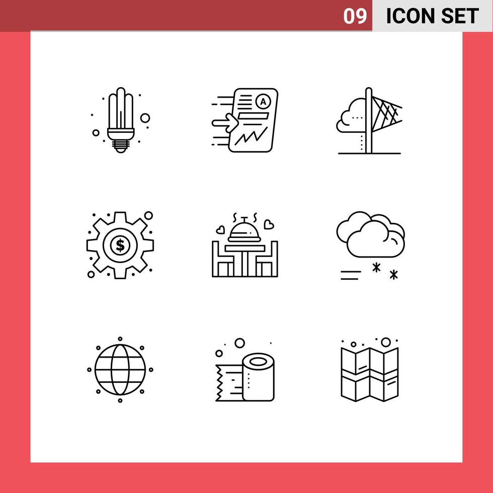 grupo de símbolos de ícone universal de 9 contornos modernos de gráfico de engrenagem de jantar elementos de design de vetores editáveis