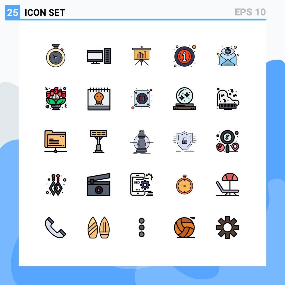 Pacote de cores planas de linha preenchida de 25 interfaces de usuário de sinais e símbolos modernos de detalhes de apresentação de informações de e-mail sobre elementos de design de vetores editáveis