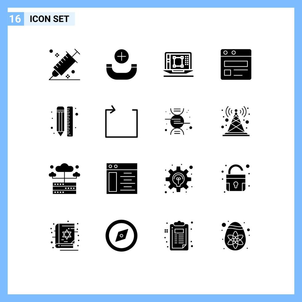 16 interface do usuário pacote de glifos sólidos de sinais e símbolos modernos de desenhar página da web laptop web aumentar elementos de design de vetores editáveis