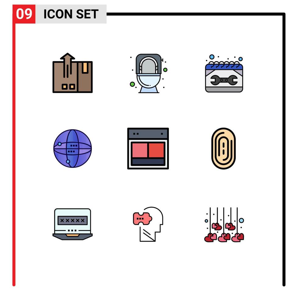 conjunto de pictogramas de 9 cores planas de linha preenchida simples de elementos de design de vetores editáveis de reparação de mundo de banheiro de internet globo