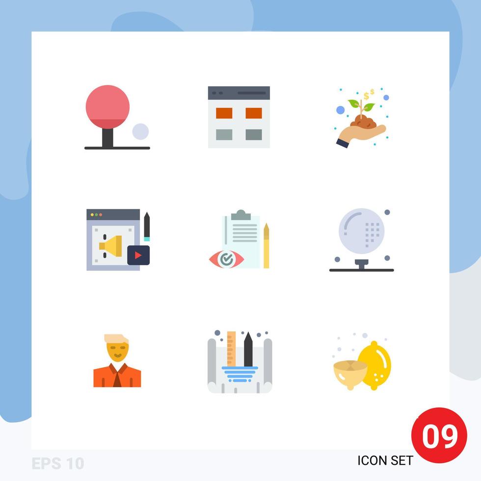grupo de 9 sinais e símbolos de cores planas para lista de verificação de plano dinheiro backlog megafone elementos de design de vetores editáveis