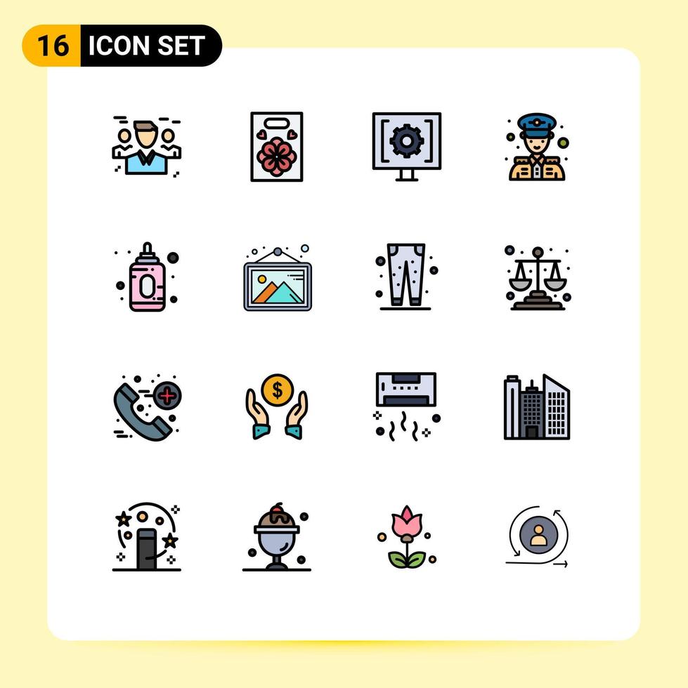 pacote de interface do usuário de 16 linhas básicas preenchidas de cores planas de contato de segurança da polícia infantil homem suporte elementos de design de vetores criativos editáveis