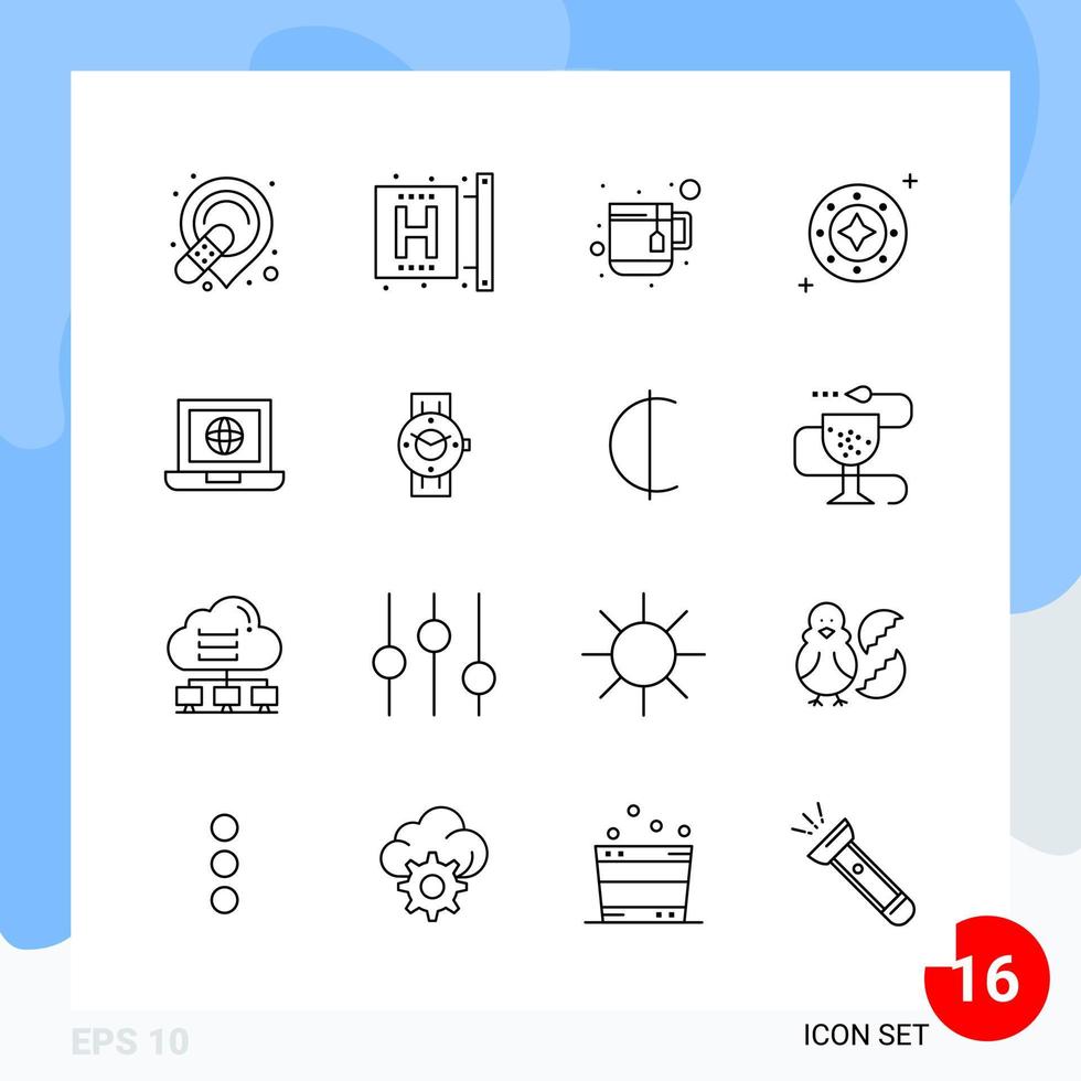 pacote moderno de 16 símbolos de contorno de linha de ícones isolados em fundo branco para design de sites vetor