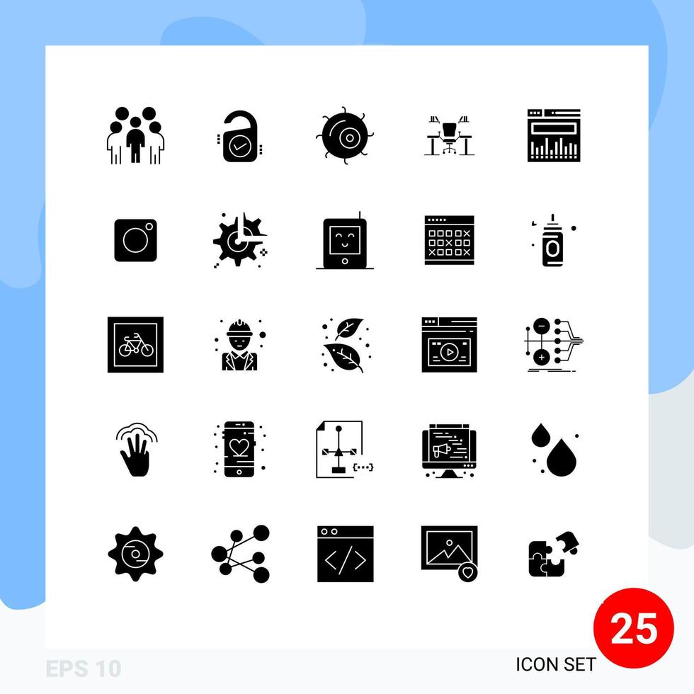conjunto de glifos sólidos de interface móvel de 25 pictogramas de sinal de computador de escritório, cadeira, mesa, elementos de design de vetores editáveis