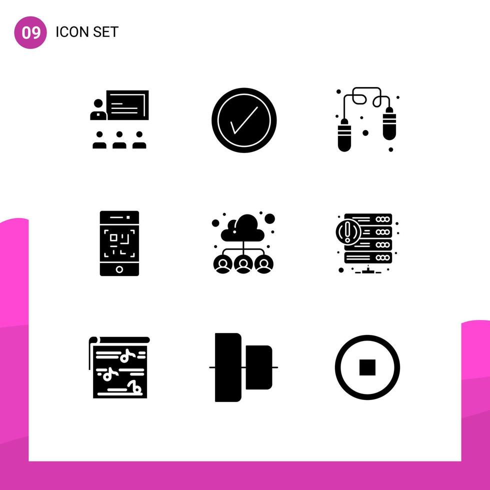 pacote de linha vetorial editável de 9 glifos sólidos simples de pessoas tecnologia de exercícios em nuvem telefone elementos de design vetorial editáveis vetor