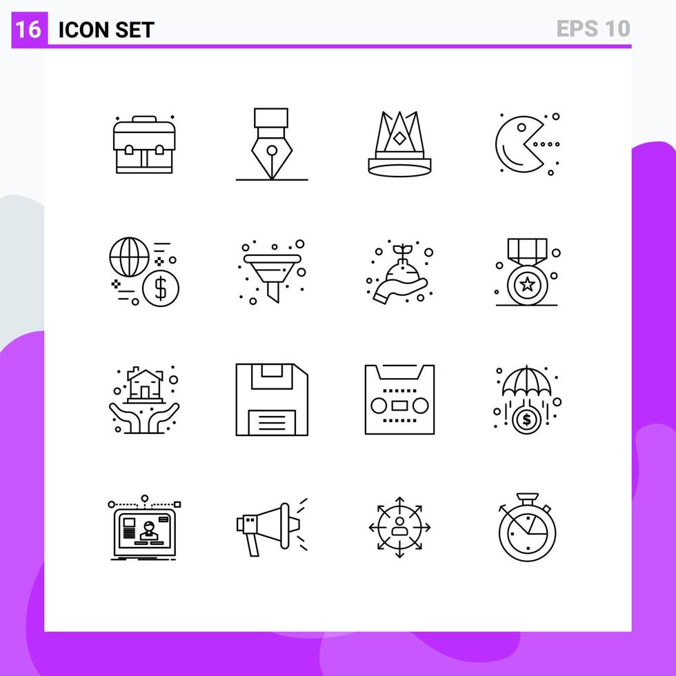 16 contornos de vetores temáticos e símbolos editáveis de elementos de design de vetores editáveis de conquistas divertidas do rei do jogo de moeda