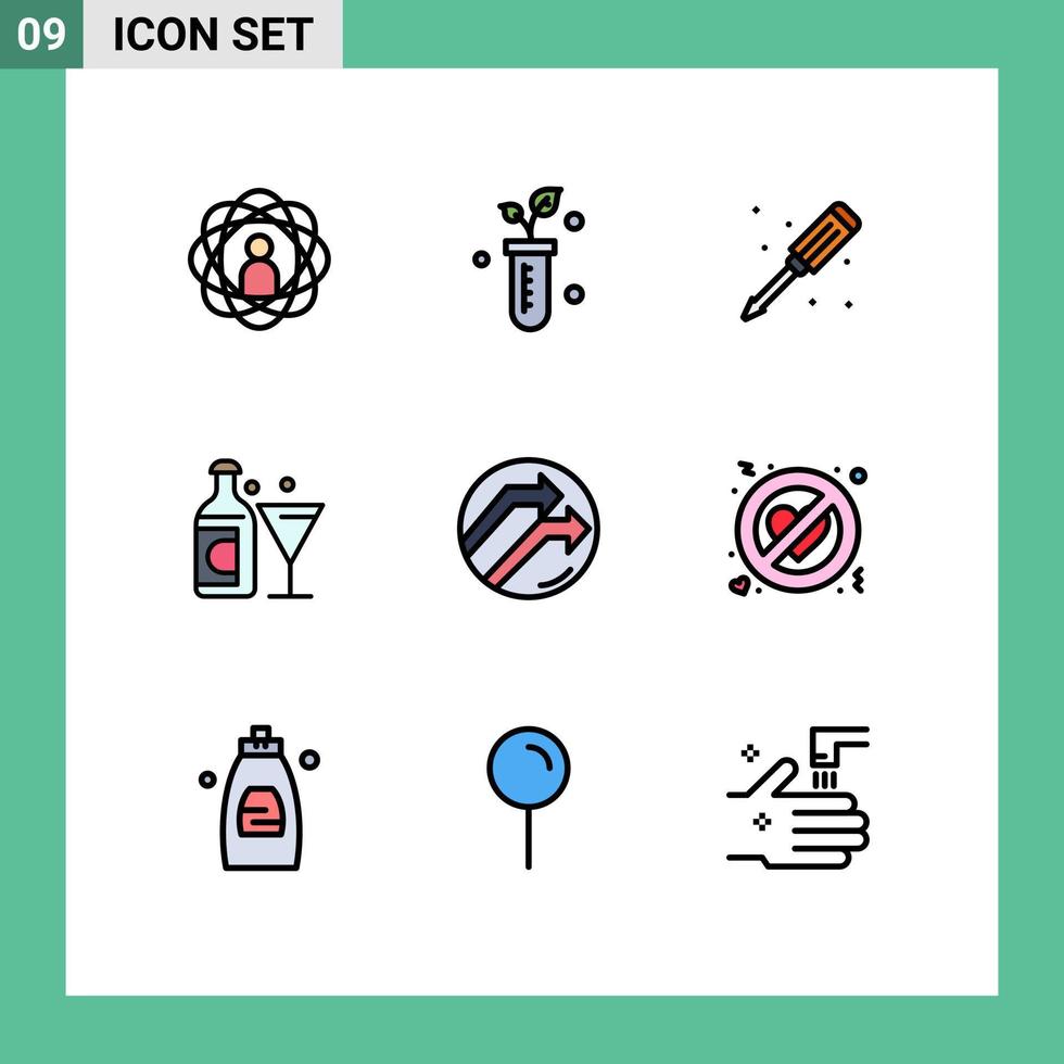 pacote de ícones vetoriais de estoque de 9 sinais e símbolos de linha para garrafa de seta, vidro científico, chave de fenda, elementos de design vetorial editáveis vetor