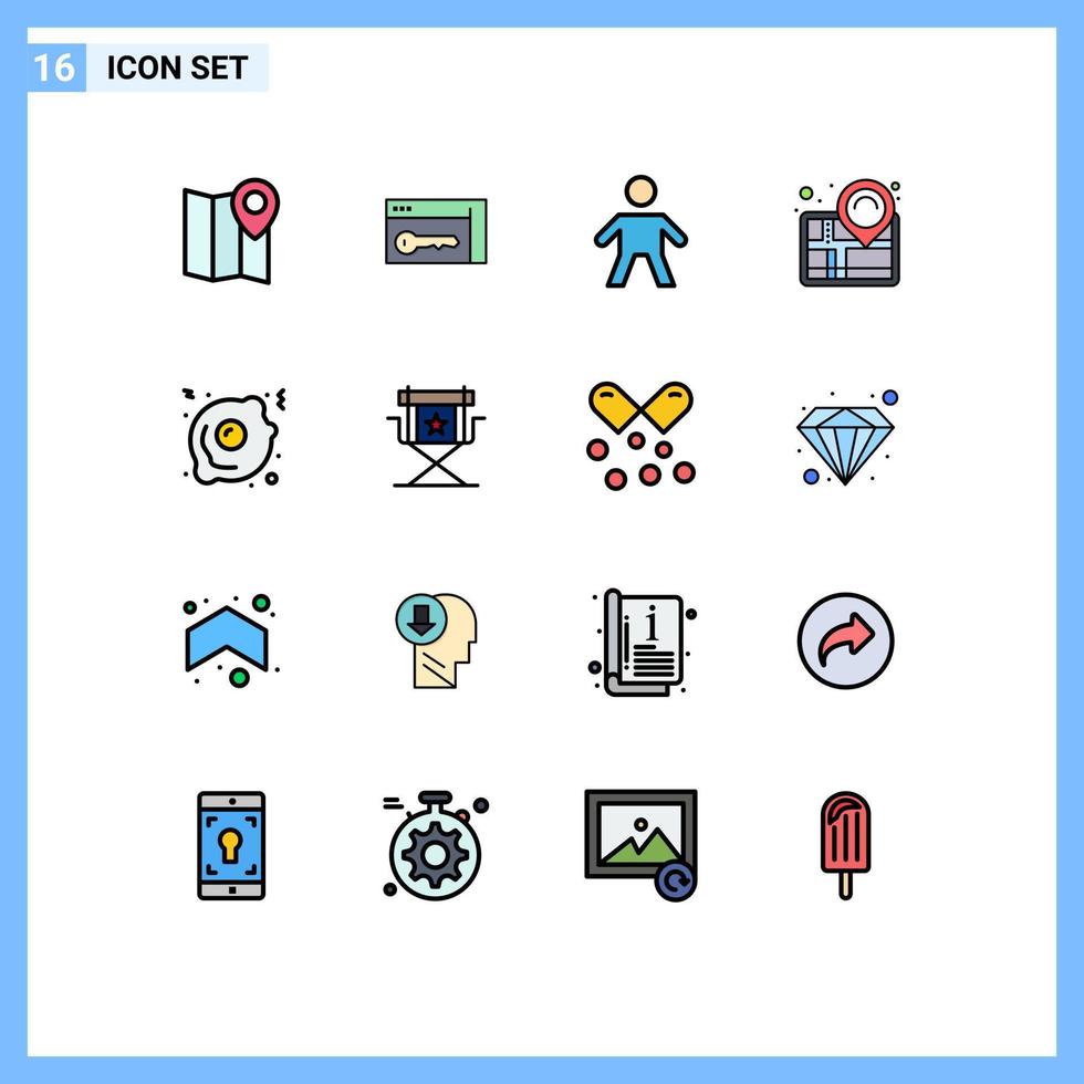 pacote de interface do usuário de 16 linhas básicas cheias de cores planas de comida ovo frito navegação de sucesso infantil elementos de design de vetores criativos editáveis