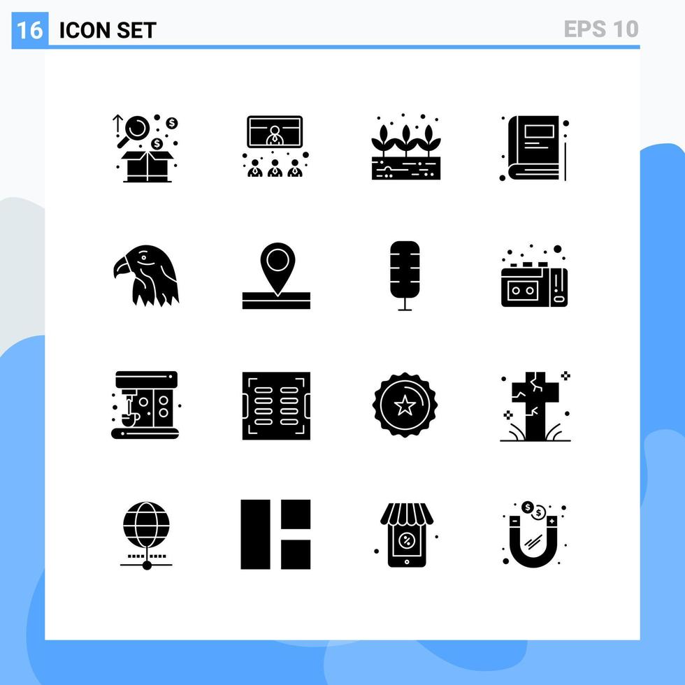 16 ícones criativos, sinais e símbolos modernos de apresentação de animais de águia, livro de educação, elementos de design de vetores editáveis