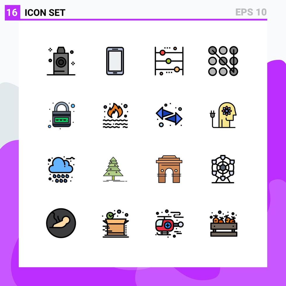Pacote de linhas preenchidas com cores planas de 16 interfaces de sinais modernos e símbolos de bloqueio de padrão de terra samsung contando elementos de design de vetores criativos editáveis