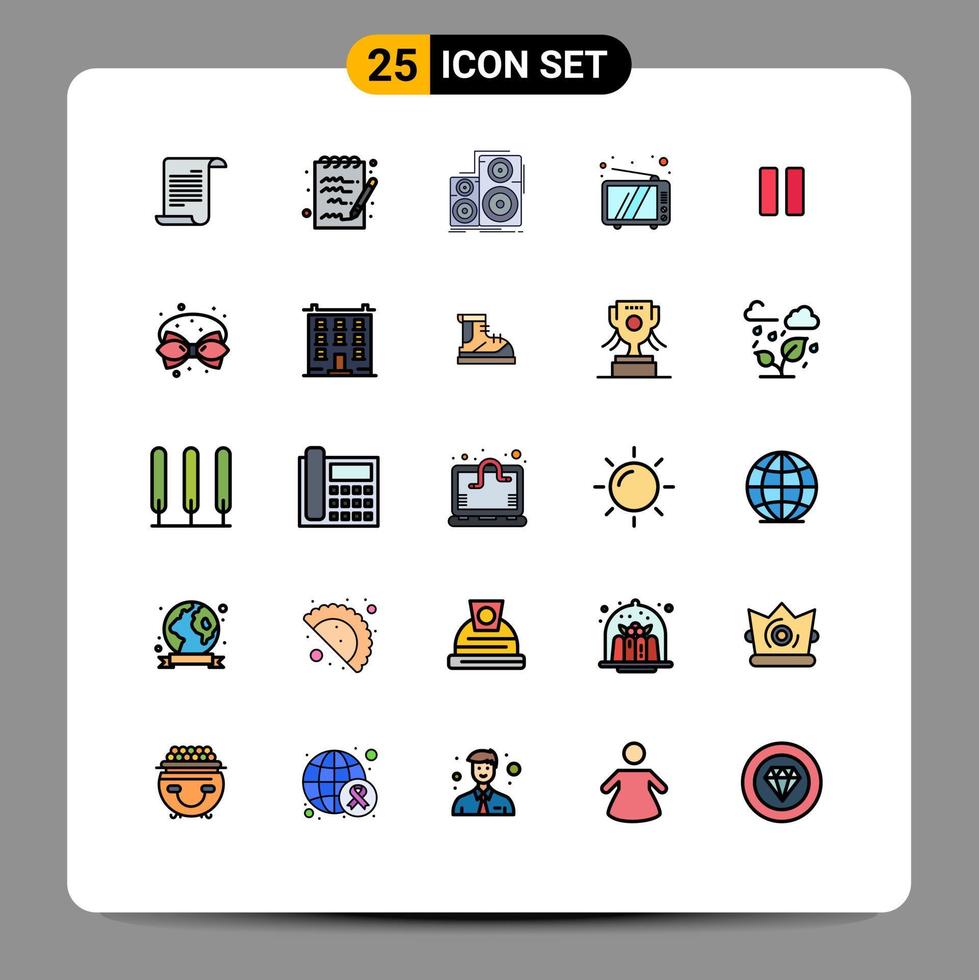 pacote de interface do usuário de 25 cores planas de linha preenchida básica do dispositivo de mídia hifi tv retrô elementos de design de vetores editáveis