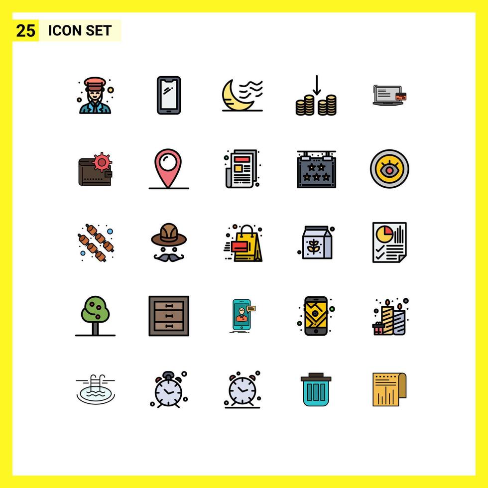 25 interface do usuário linha cheia pacote de cores planas de sinais e símbolos modernos de dinheiro dinheiro android tempo noite editável elementos de design vetorial vetor