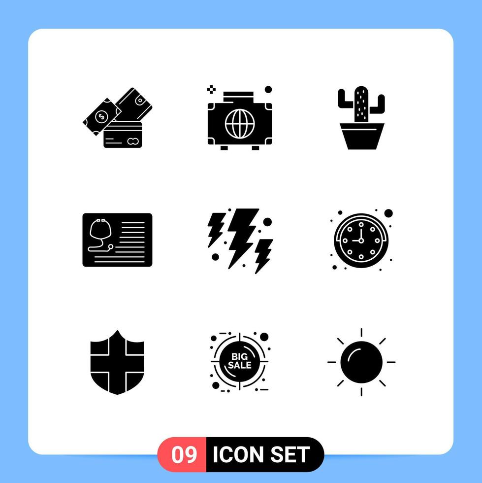 conjunto de glifos sólidos de interface móvel de 9 pictogramas de elementos de design de vetores editáveis de pote de estetoscópio internacional de médico de saúde