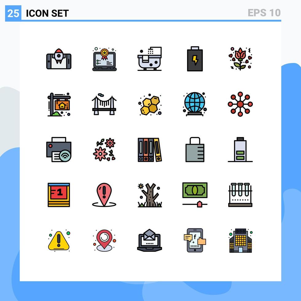 grupo de símbolos de ícone universal de 25 cores planas de linha preenchida moderna de banho de flor rosa bateria elétrica elementos de design de vetores editáveis