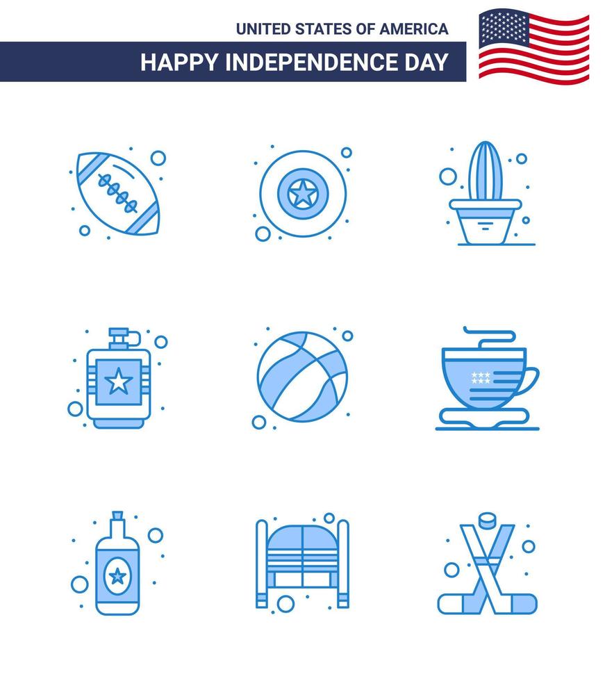 conjunto de 9 ícones do dia dos eua símbolos americanos sinais do dia da independência para bola líquido flor hip bebida editável dia dos eua vetor elementos de design